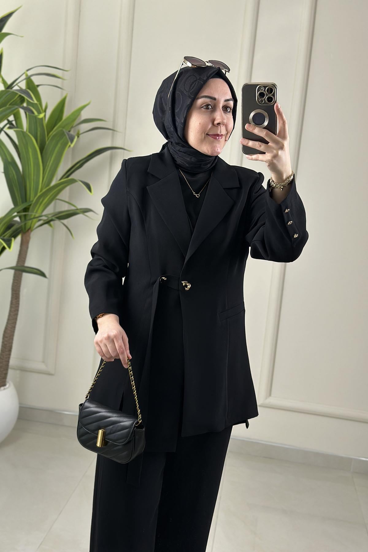 Tesettür Pantolonlu TakımÖnü Düğmeli Blazer Ceket ve Pantolon Kadın İkili Takım Siyah MLH 2655