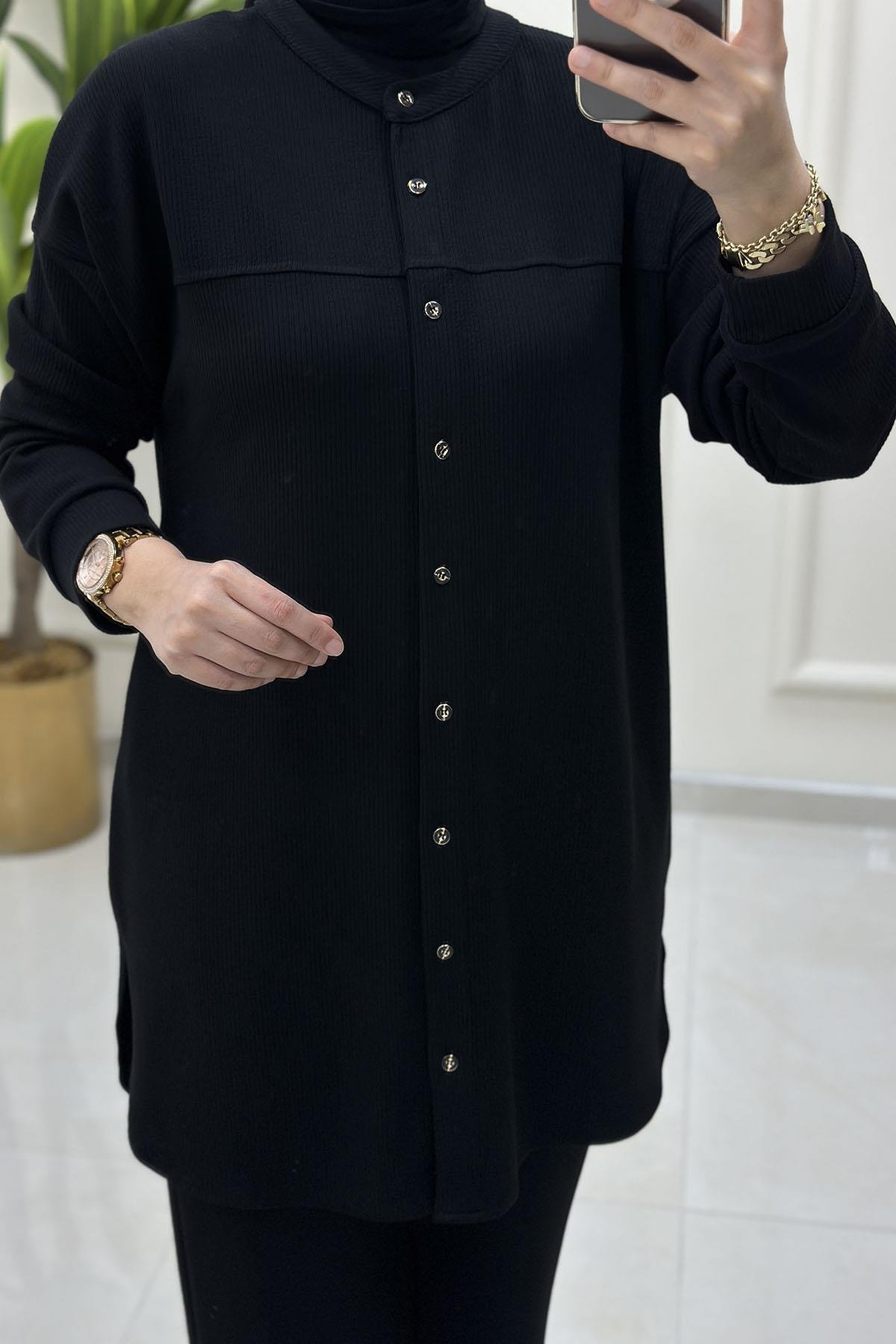 Tesettür Pantolonlu TakımÖnü Düğmeli Düşük Omuz Tunik ve Pantolon Kadın İkili Takım Siyah KADO 257792