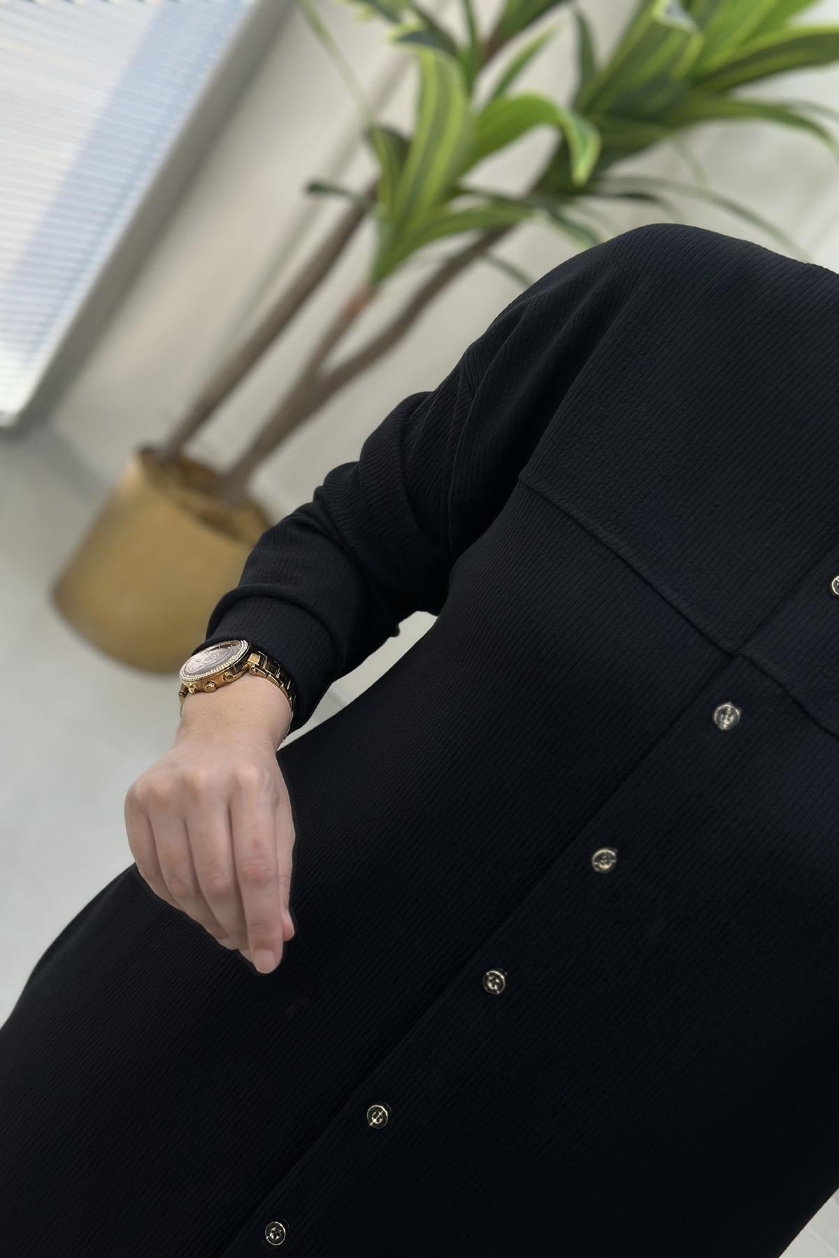 Tesettür Pantolonlu TakımÖnü Düğmeli Düşük Omuz Tunik ve Pantolon Kadın İkili Takım Siyah KADO 257792