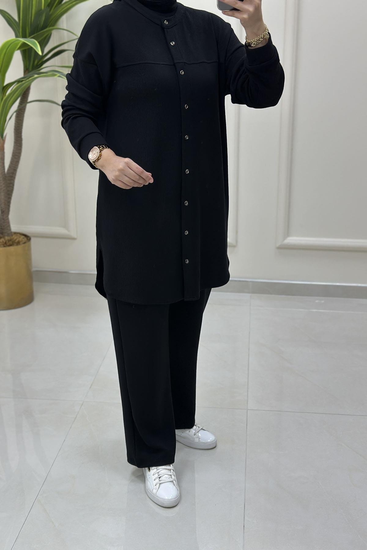 Tesettür Pantolonlu TakımÖnü Düğmeli Düşük Omuz Tunik ve Pantolon Kadın İkili Takım Siyah KADO 257792