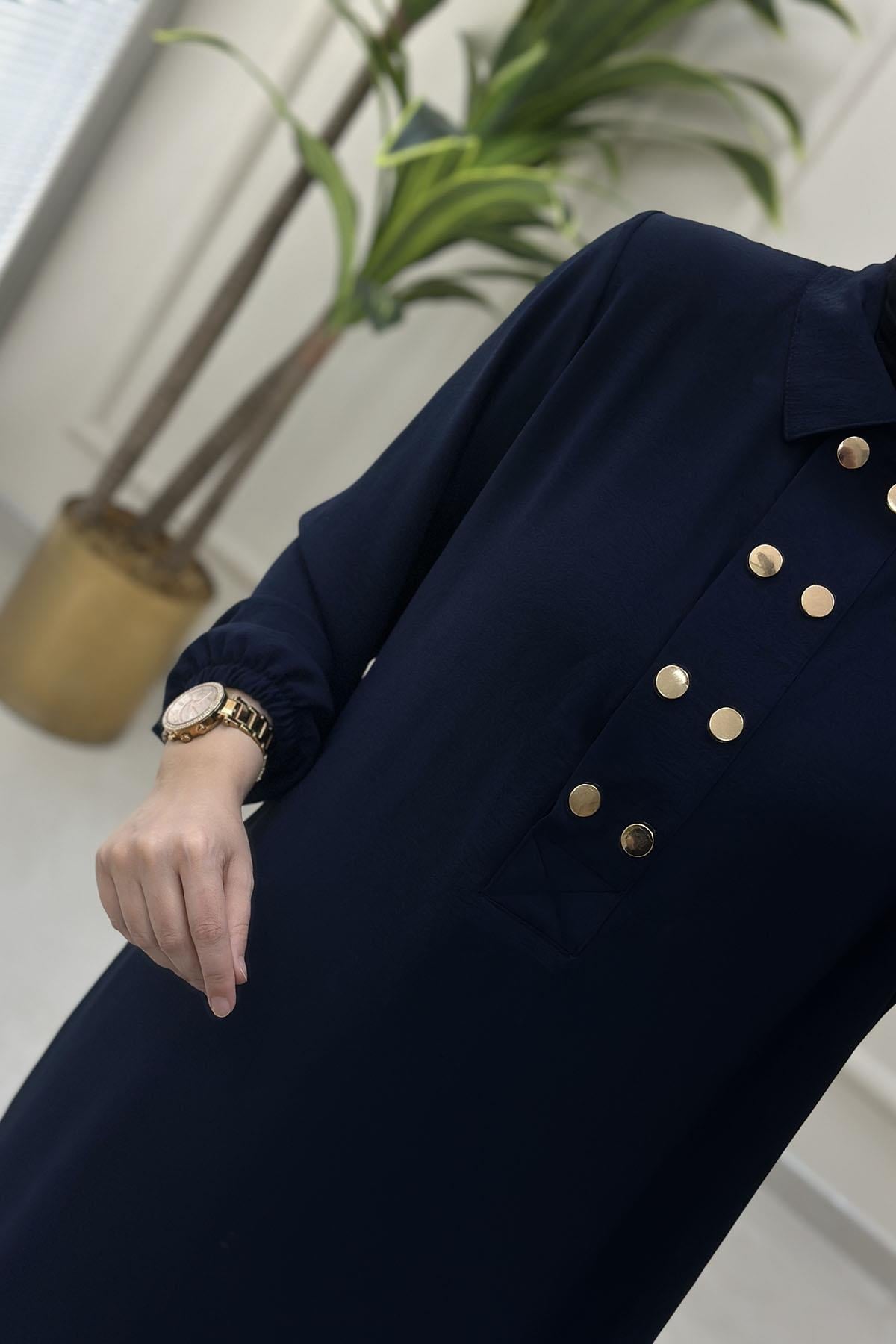 Tesettür Pantolonlu TakımÖnü Düğmeli Kolu Büzgülü Tunik ve Pantolon Kadın İkili Takım Lacivert AKAY 112