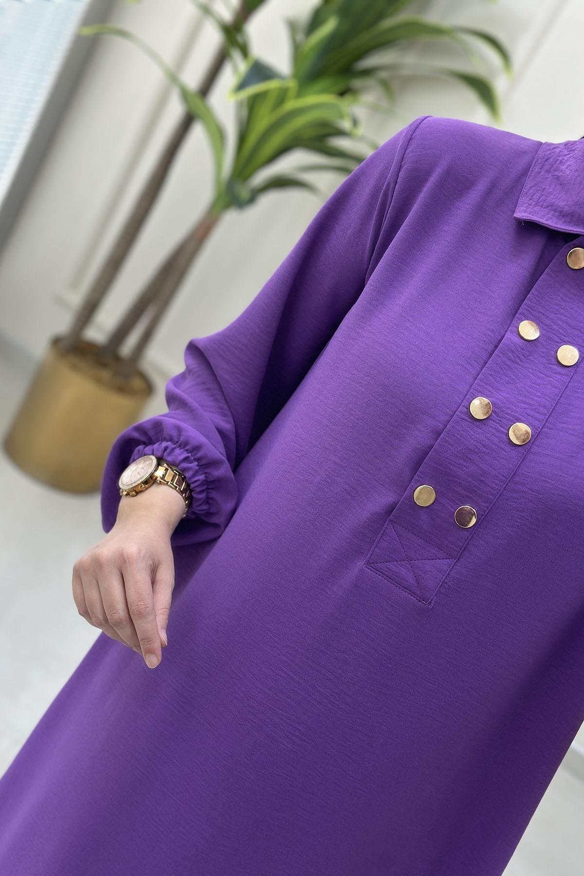 Tesettür Pantolonlu TakımÖnü Düğmeli Kolu Büzgülü Tunik ve Pantolon Kadın İkili Takım Mor AKAY 112