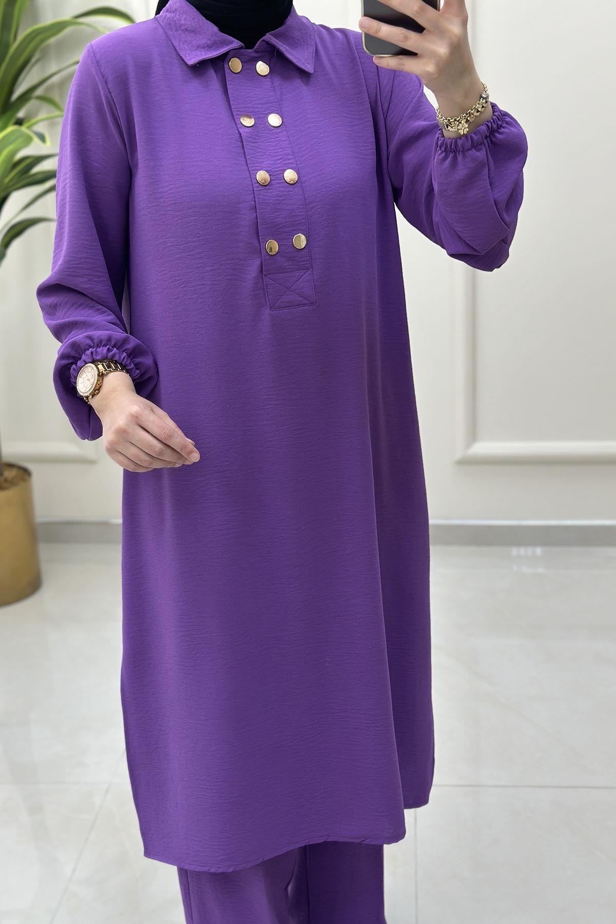 Tesettür Pantolonlu TakımÖnü Düğmeli Kolu Büzgülü Tunik ve Pantolon Kadın İkili Takım Mor AKAY 112