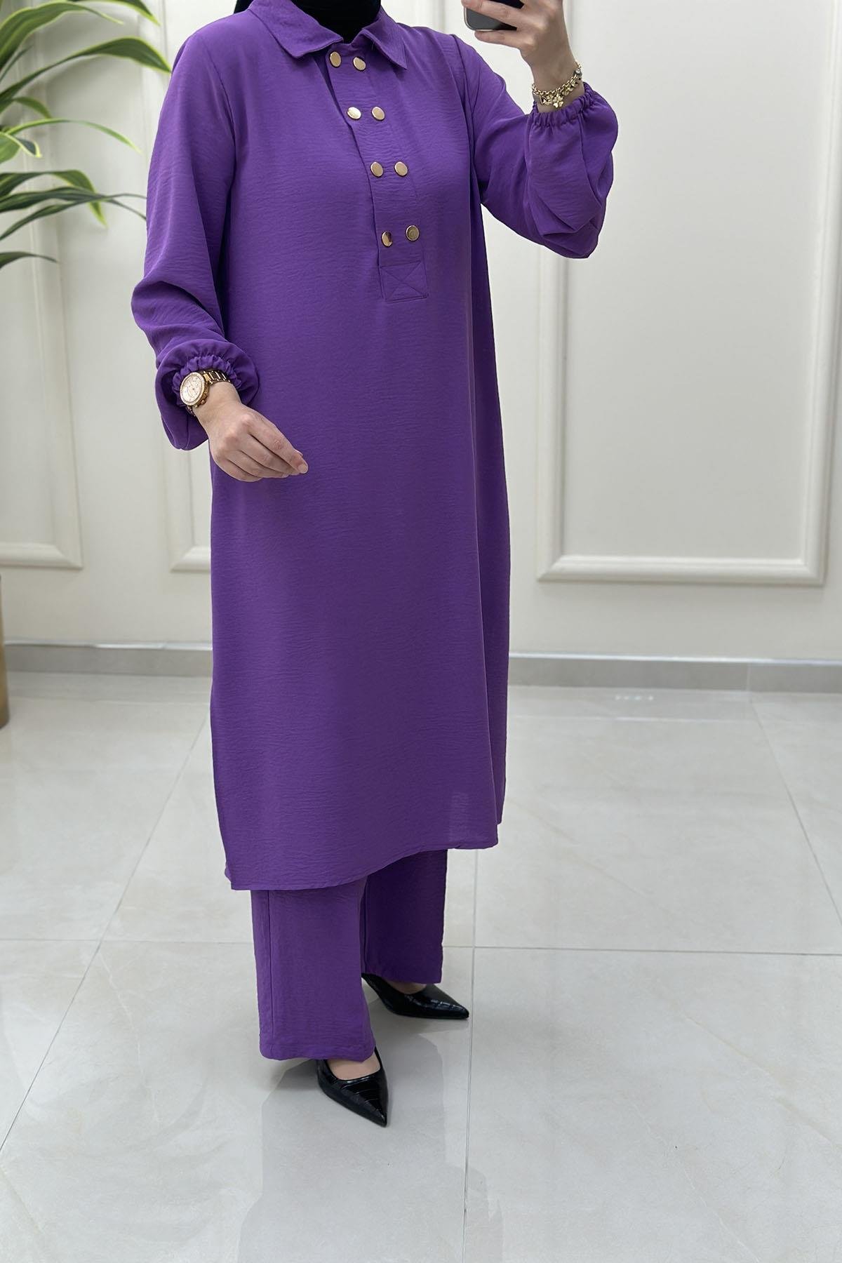 Tesettür Pantolonlu TakımÖnü Düğmeli Kolu Büzgülü Tunik ve Pantolon Kadın İkili Takım Mor AKAY 112