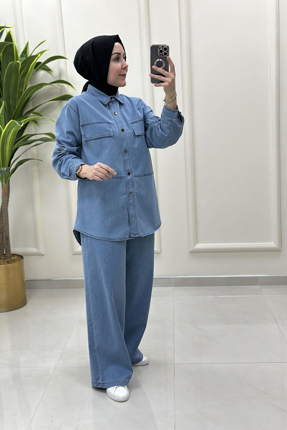 Tesettür Pantolonlu TakımÖnü Düğmeli Katlama Kol Tunik ve Pantolon Kadın Kot İkili Takım Mavi SFF 804