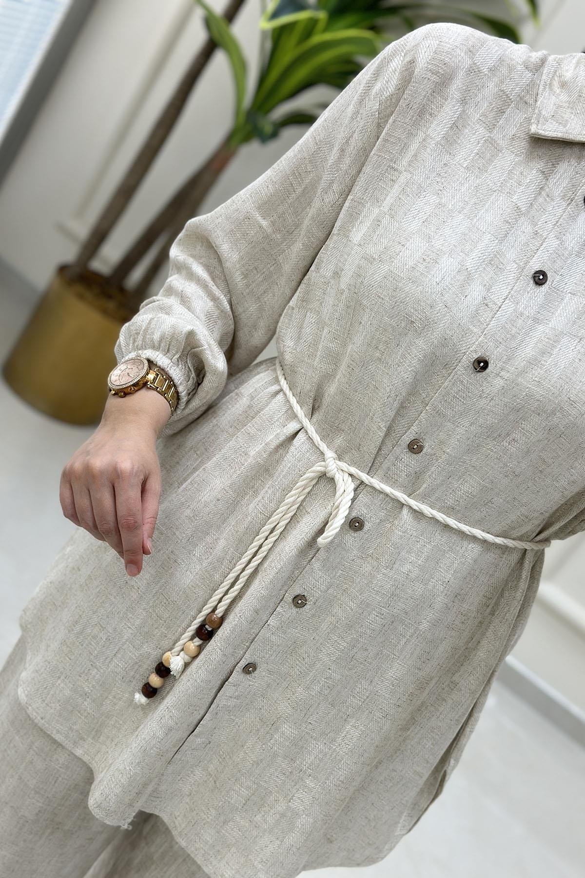 Tesettür Pantolonlu TakımÖnü Düğmeli Kolu Büzgülü Tunik ve Pantolon Kadın İkili Takım Taş MSE 8101