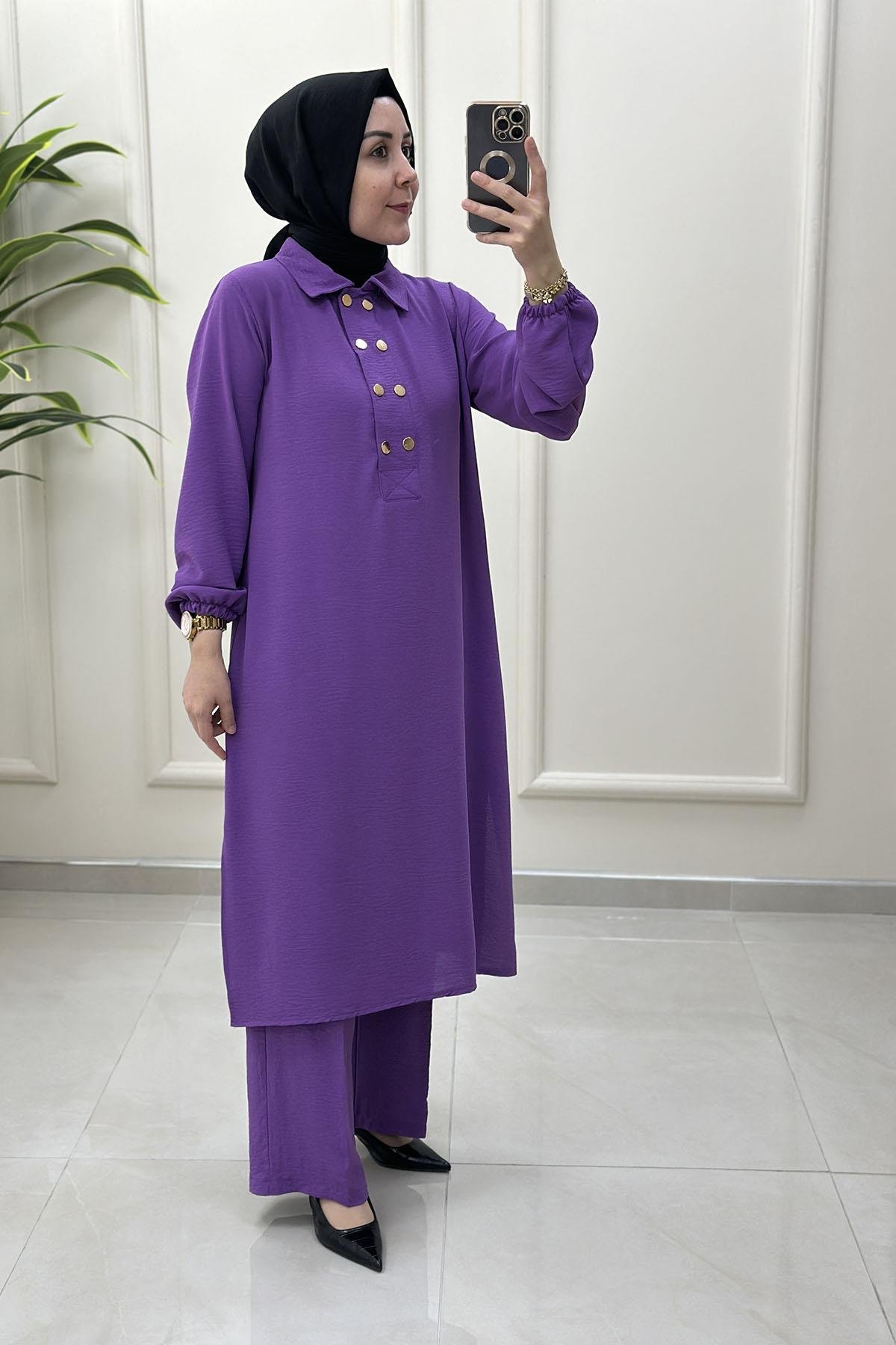Tesettür Pantolonlu TakımÖnü Düğmeli Kolu Büzgülü Tunik ve Pantolon Kadın İkili Takım Mor AKAY 112