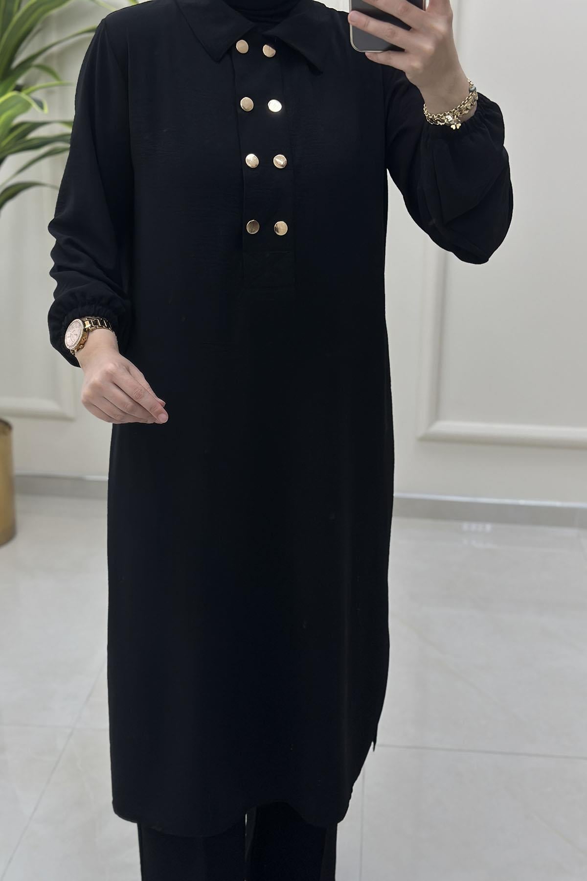 Tesettür Pantolonlu TakımÖnü Düğmeli Kolu Büzgülü Tunik ve Pantolon Kadın İkili Takım Siyah AKAY 112