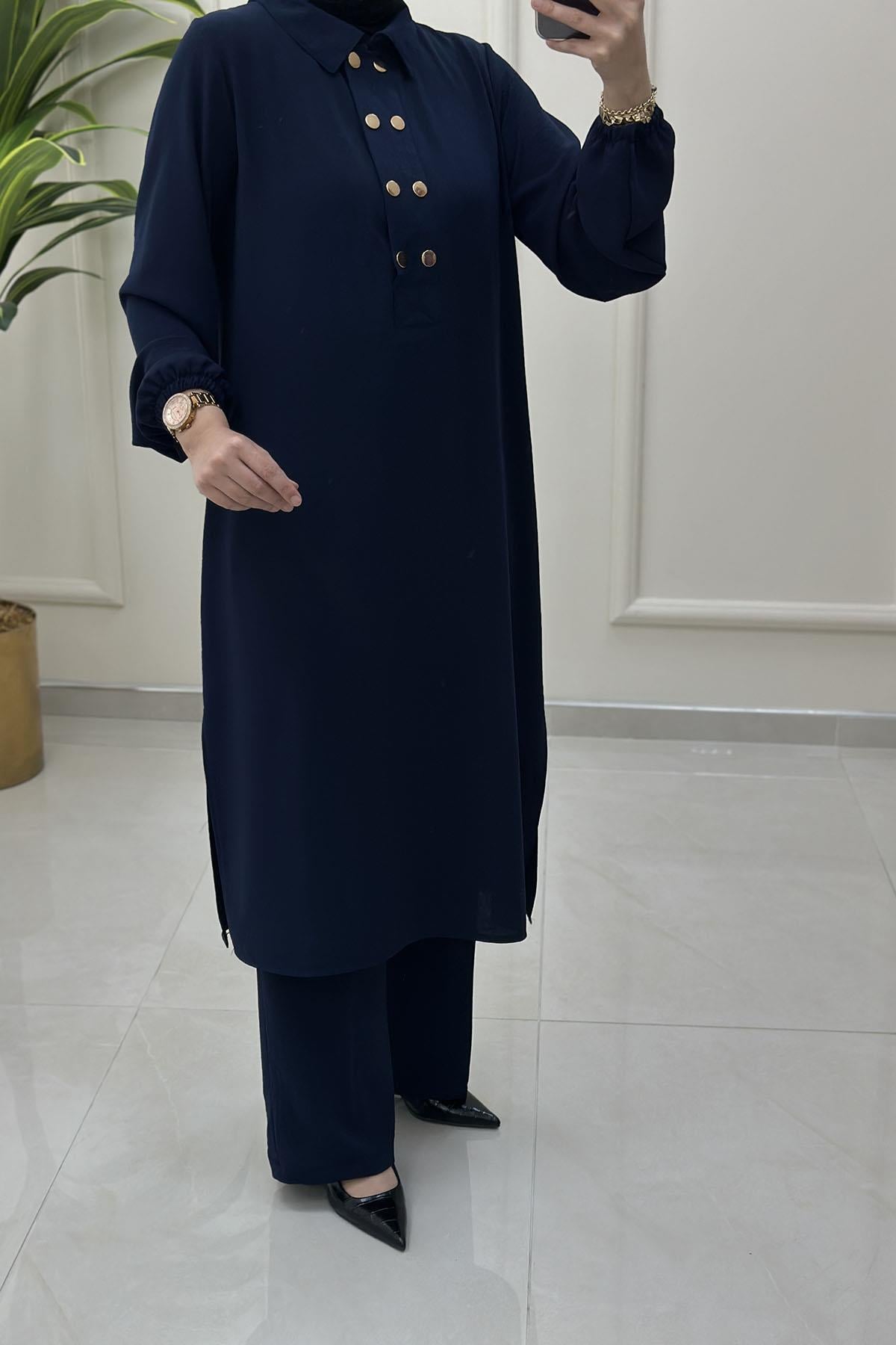 Tesettür Pantolonlu TakımÖnü Düğmeli Kolu Büzgülü Tunik ve Pantolon Kadın İkili Takım Lacivert AKAY 112