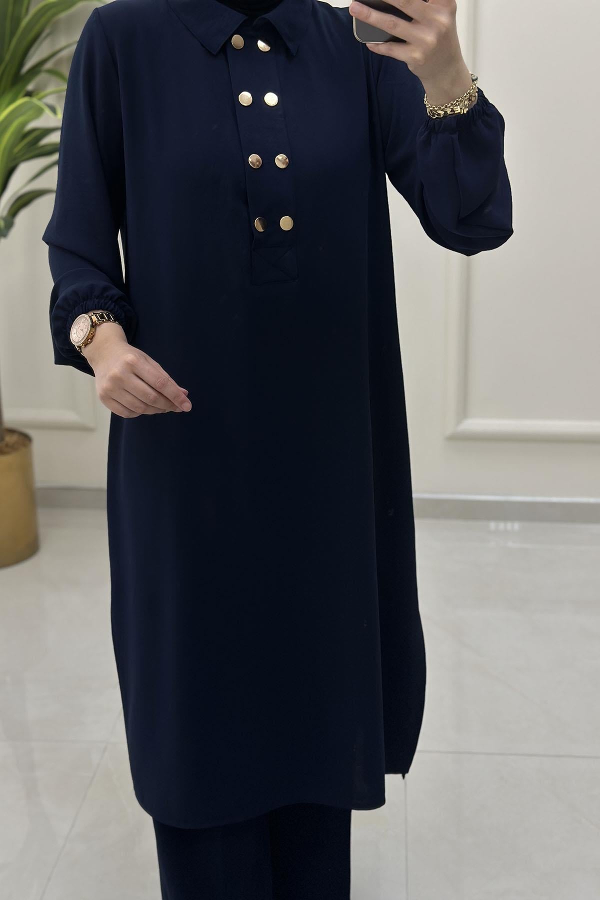 Tesettür Pantolonlu TakımÖnü Düğmeli Kolu Büzgülü Tunik ve Pantolon Kadın İkili Takım Lacivert AKAY 112