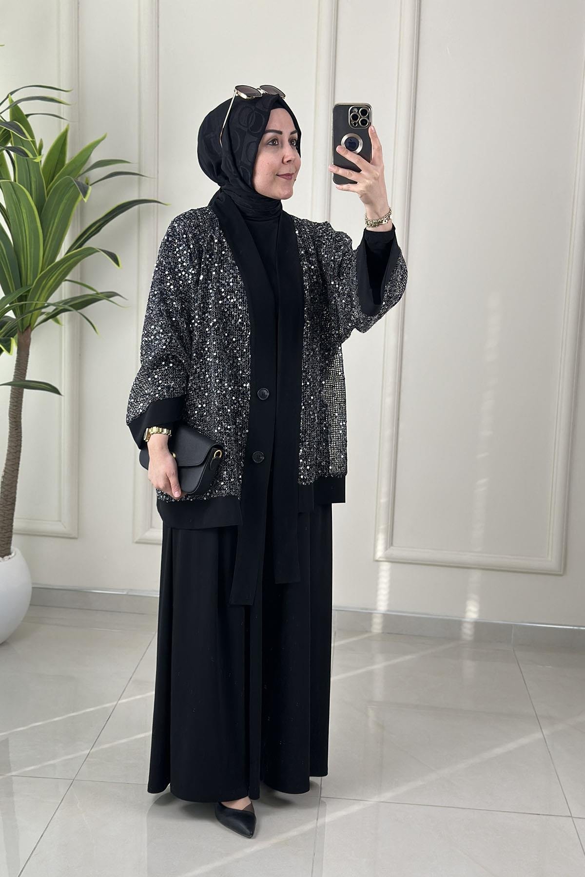 Tesettür Pantolonlu TakımÖnü Düğmeli Pul Payetli Ceket-Bluz ve Pantolon Kadın Üçlü Takım Siyah QSH 6492