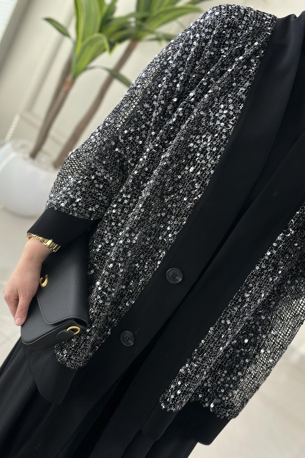 Tesettür Pantolonlu TakımÖnü Düğmeli Pul Payetli Ceket-Bluz ve Pantolon Kadın Üçlü Takım Siyah QSH 6492