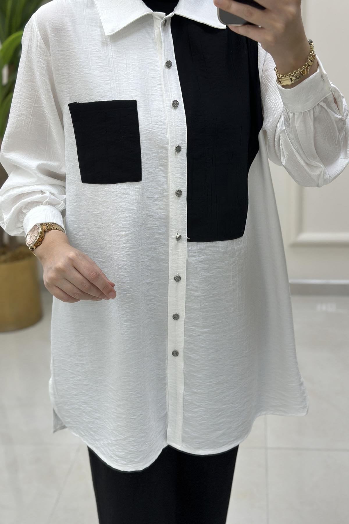 Tesettür Pantolonlu TakımÖnü Düğmeli Renk Garnili Tunik ve Pantolon Kadın İkili Takım Siyah KADO 251286