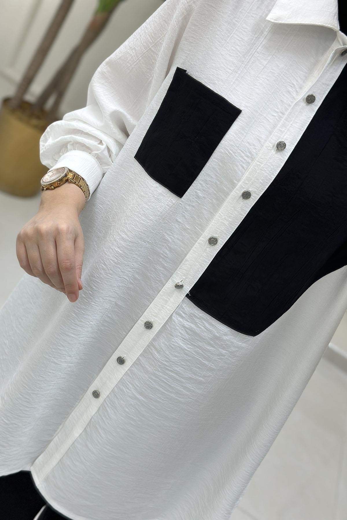 Tesettür Pantolonlu TakımÖnü Düğmeli Renk Garnili Tunik ve Pantolon Kadın İkili Takım Siyah KADO 251286