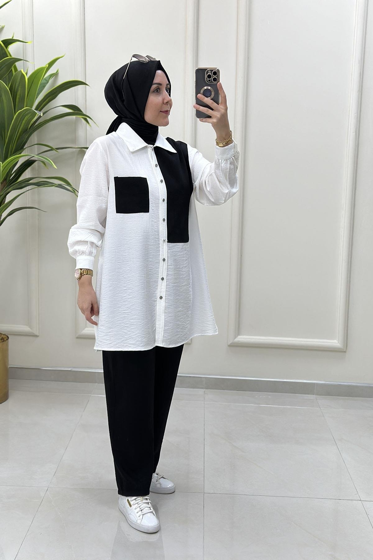 Tesettür Pantolonlu TakımÖnü Düğmeli Renk Garnili Tunik ve Pantolon Kadın İkili Takım Siyah KADO 251286