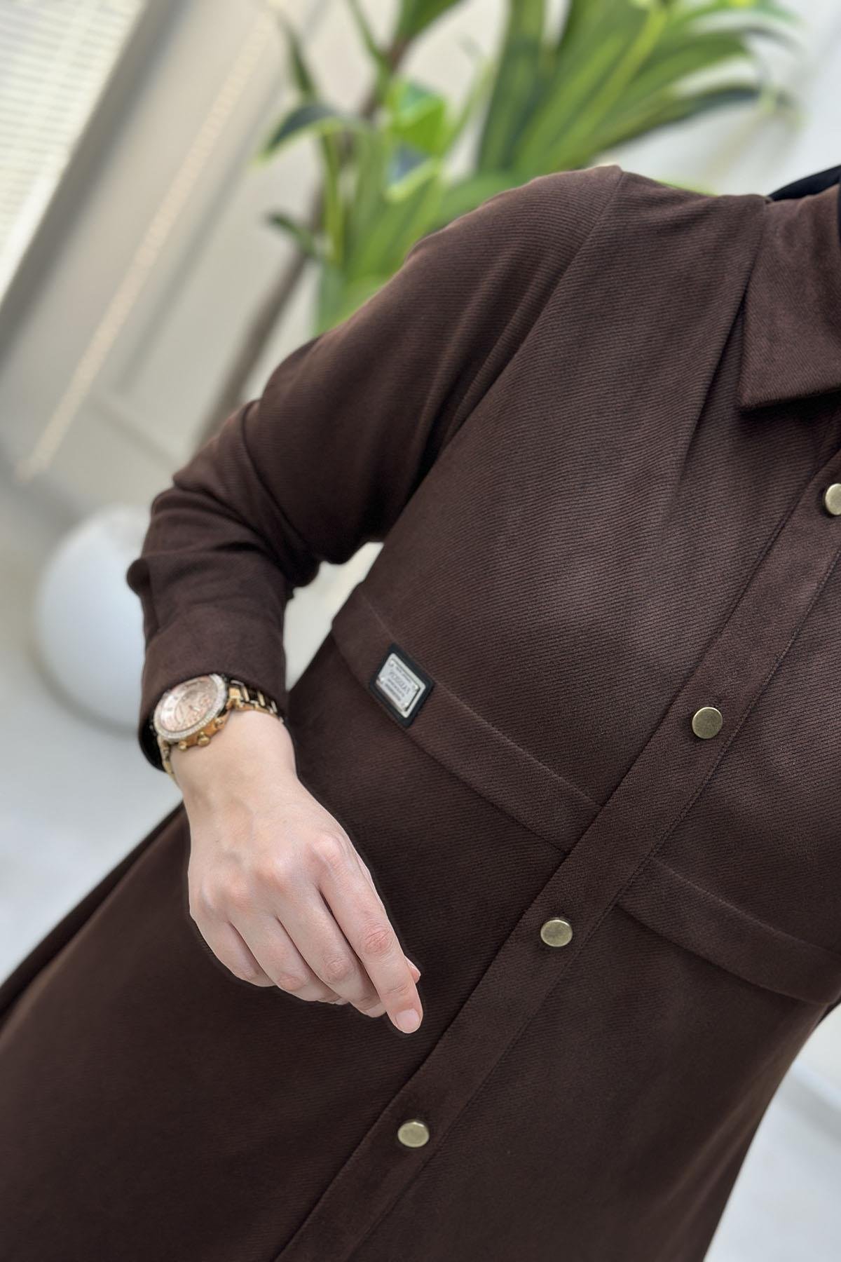 Tesettür Pantolonlu TakımÖnü Düğmeli Tunik ve Pantolon Kadın Diagonel İkili Takım Kahverengi CNR 2229