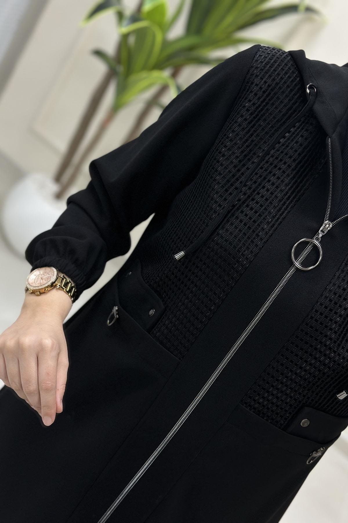 Tesettür Pantolonlu TakımÖnü Fermuarlı File Detaylı Ceket ve Pantolon Kadın İkili Takım Siyah CNR 2238