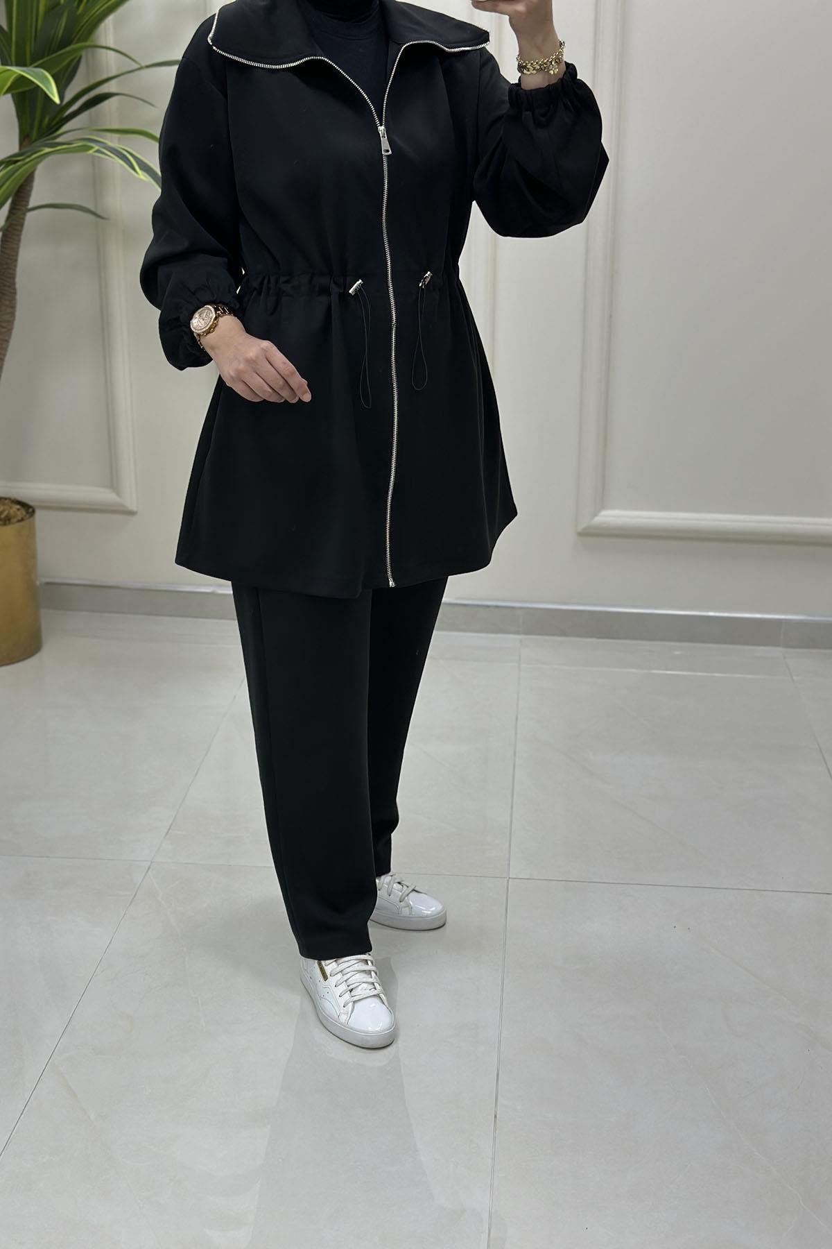 Tesettür Pantolonlu TakımÖnü Fermuarlı Beli Büzgülü Giyçık ve Pantolon Kadın İkili Takım Siyah MSE 8073