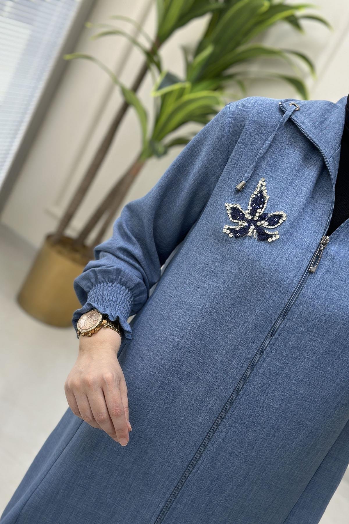 Tesettür Pantolonlu TakımÖnü Fermuarlı Kolu Büzgülü Giyçık ve Pantolon Kadın İkili Takım Mavi ESS 2140