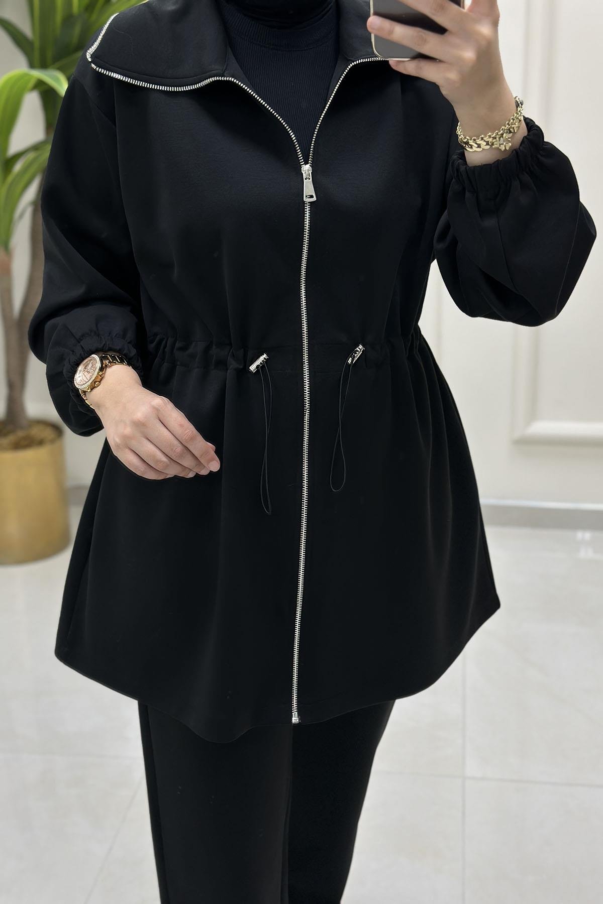 Tesettür Pantolonlu TakımÖnü Fermuarlı Beli Büzgülü Giyçık ve Pantolon Kadın İkili Takım Siyah MSE 8073