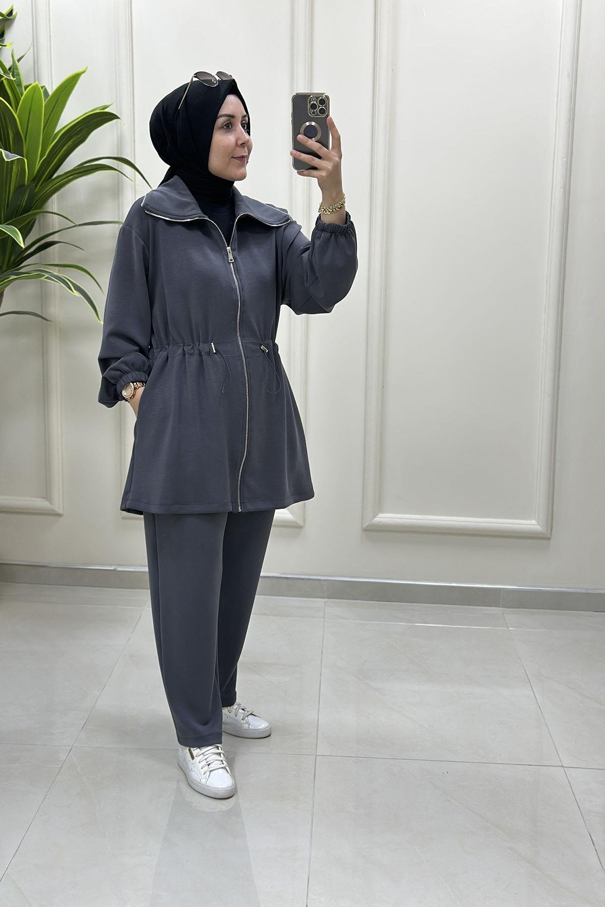 Tesettür Pantolonlu TakımÖnü Fermuarlı Beli Büzgülü Giyçık ve Pantolon Kadın İkili Takım Gri MSE 8073