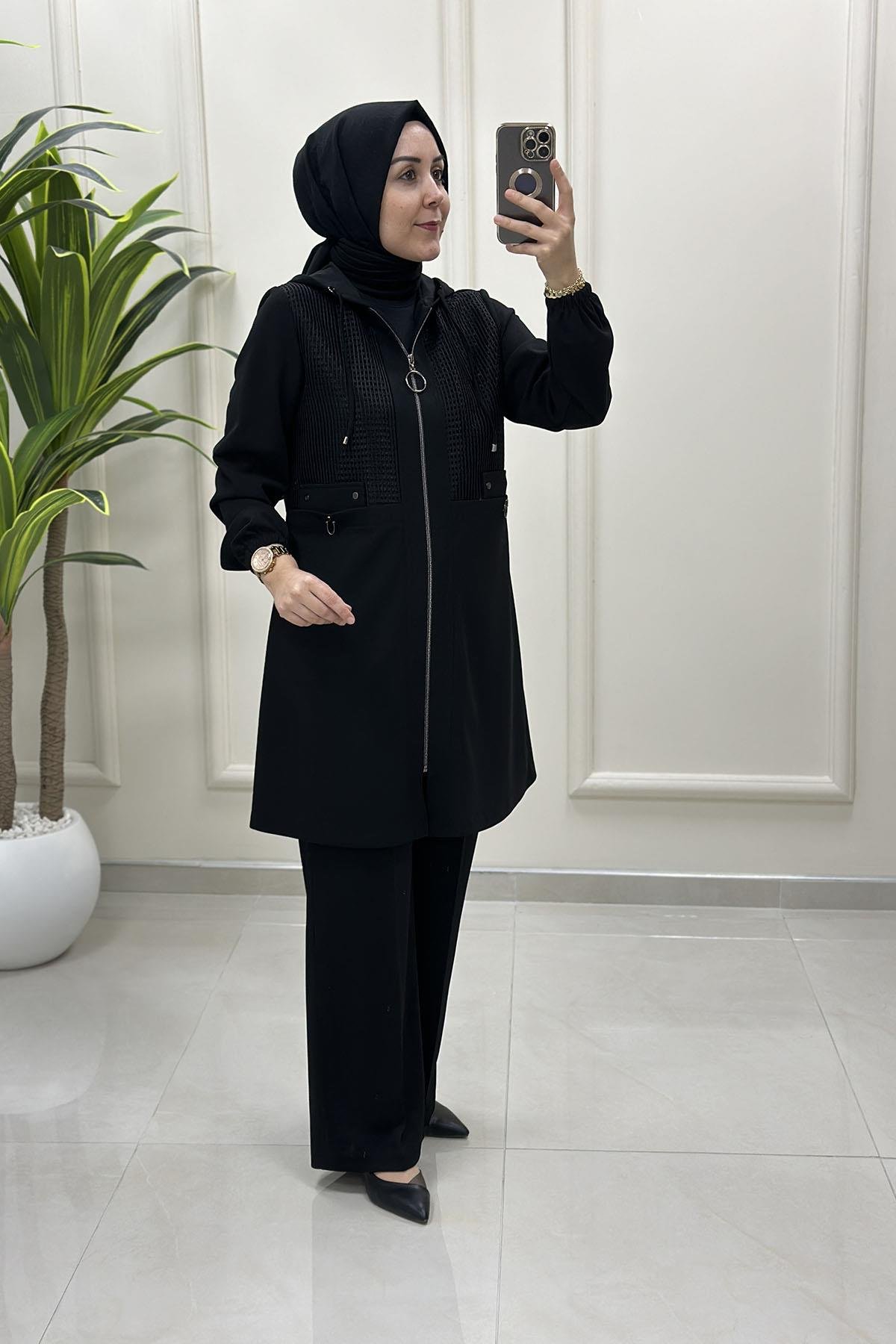 Tesettür Pantolonlu TakımÖnü Fermuarlı File Detaylı Ceket ve Pantolon Kadın İkili Takım Siyah CNR 2238