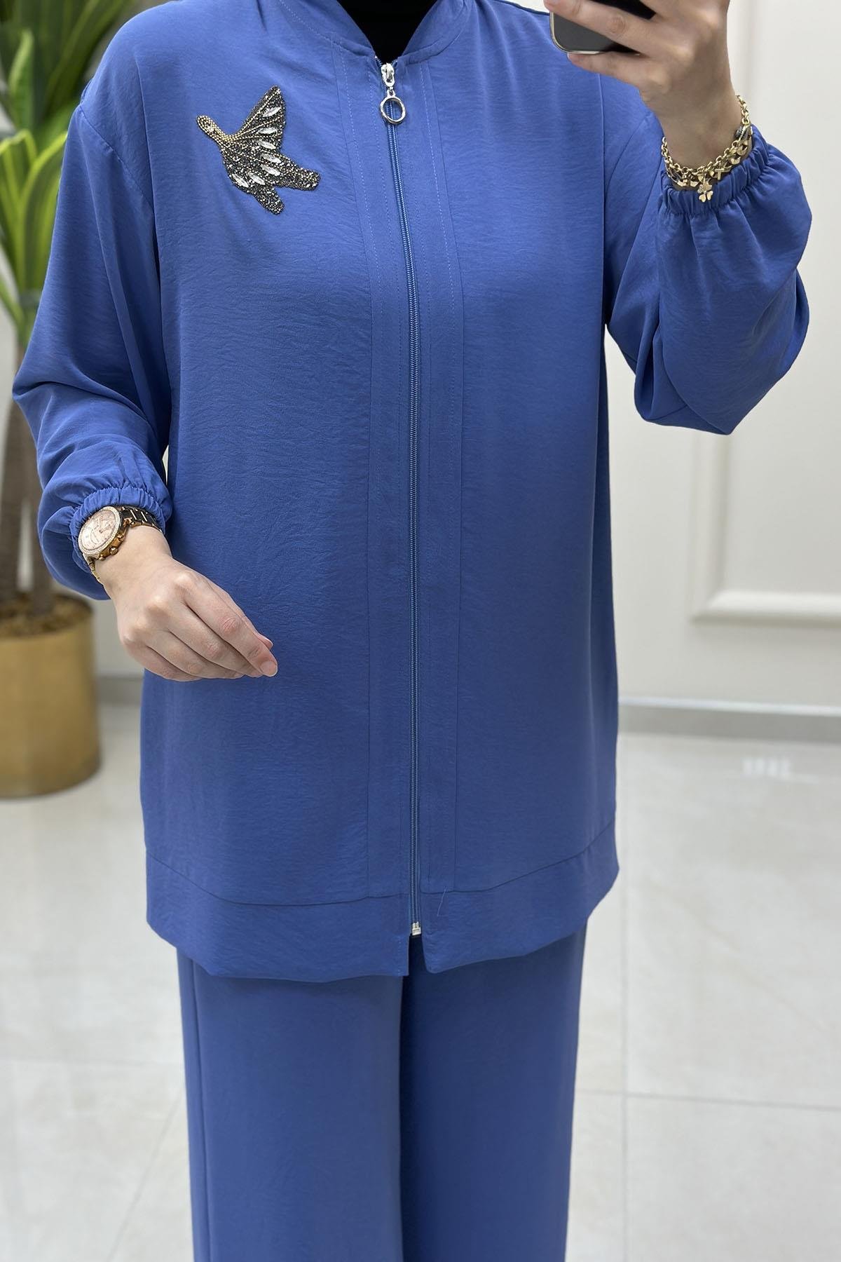 Tesettür Pantolonlu TakımÖnü Fermuarlı Kuş Baskılı Giyçık ve Pantolon Kadın İkili Takım Mor ALS 5151