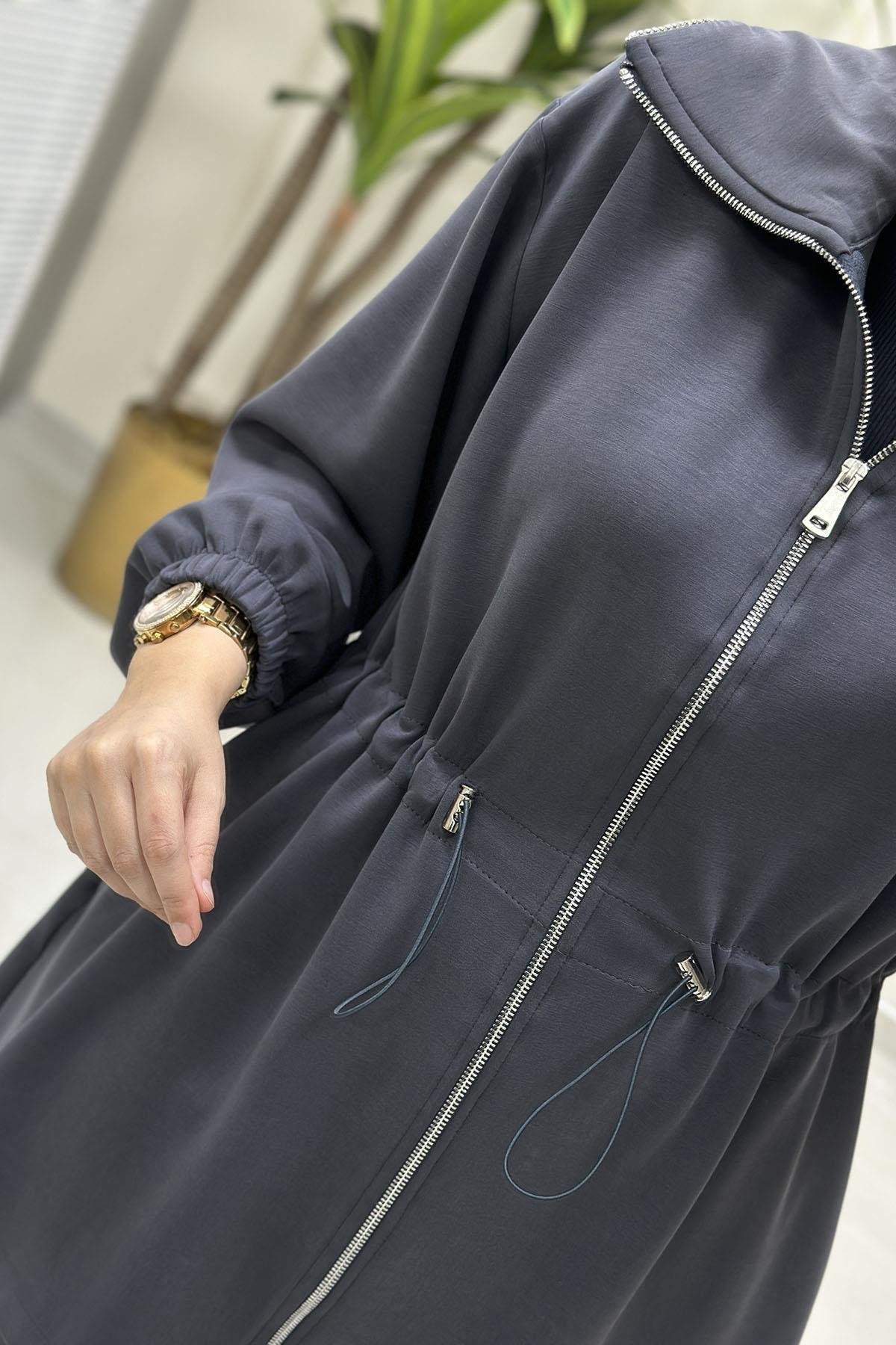 Tesettür Pantolonlu TakımÖnü Fermuarlı Beli Büzgülü Giyçık ve Pantolon Kadın İkili Takım Gri MSE 8073