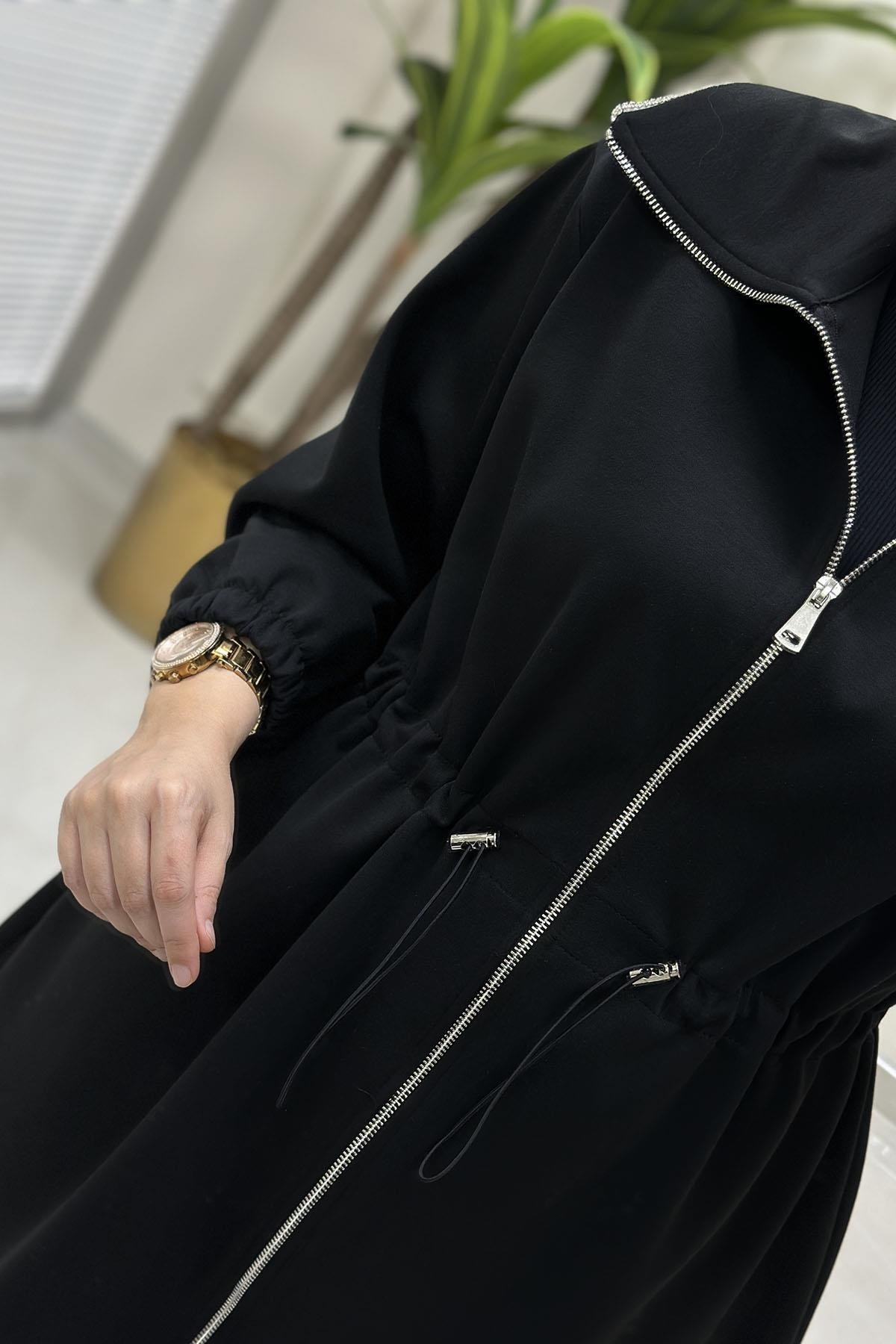 Tesettür Pantolonlu TakımÖnü Fermuarlı Beli Büzgülü Giyçık ve Pantolon Kadın İkili Takım Siyah MSE 8073