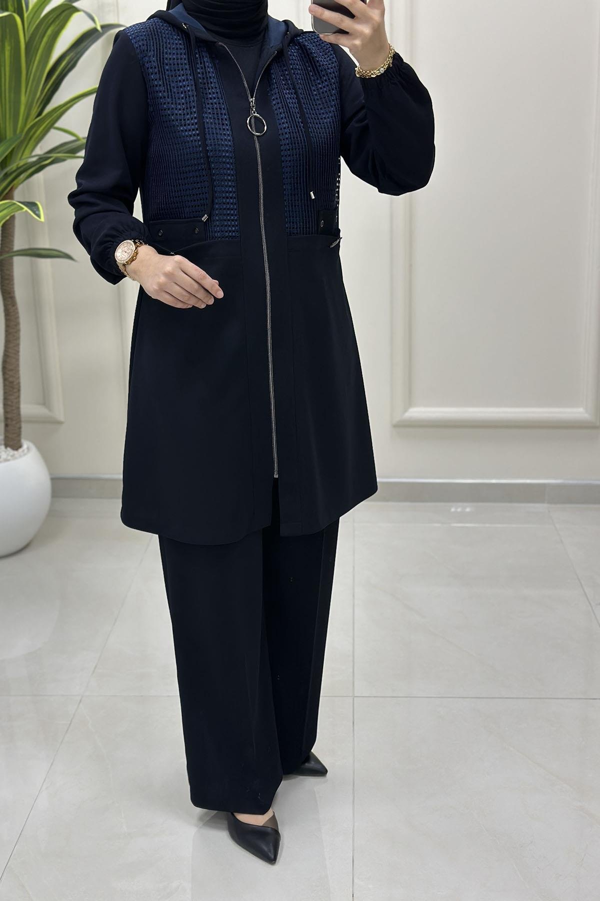 Tesettür Pantolonlu TakımÖnü Fermuarlı File Detaylı Ceket ve Pantolon Kadın İkili Takım Lacivert CNR 2238