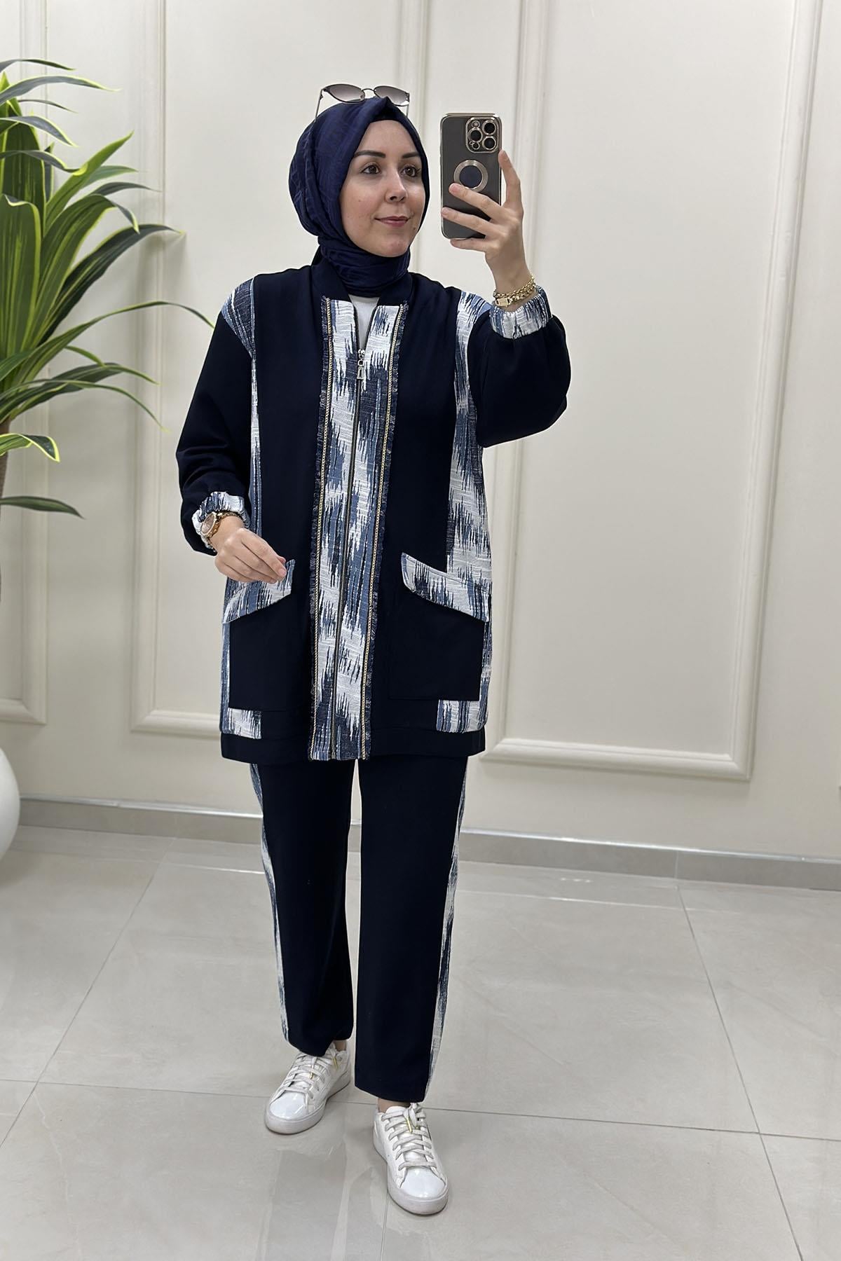 Tesettür Pantolonlu TakımÖnü Fermuarlı Örme Garnili Giyçık ve Pantolon Kadın İkili Takım Lacivert ELR 102