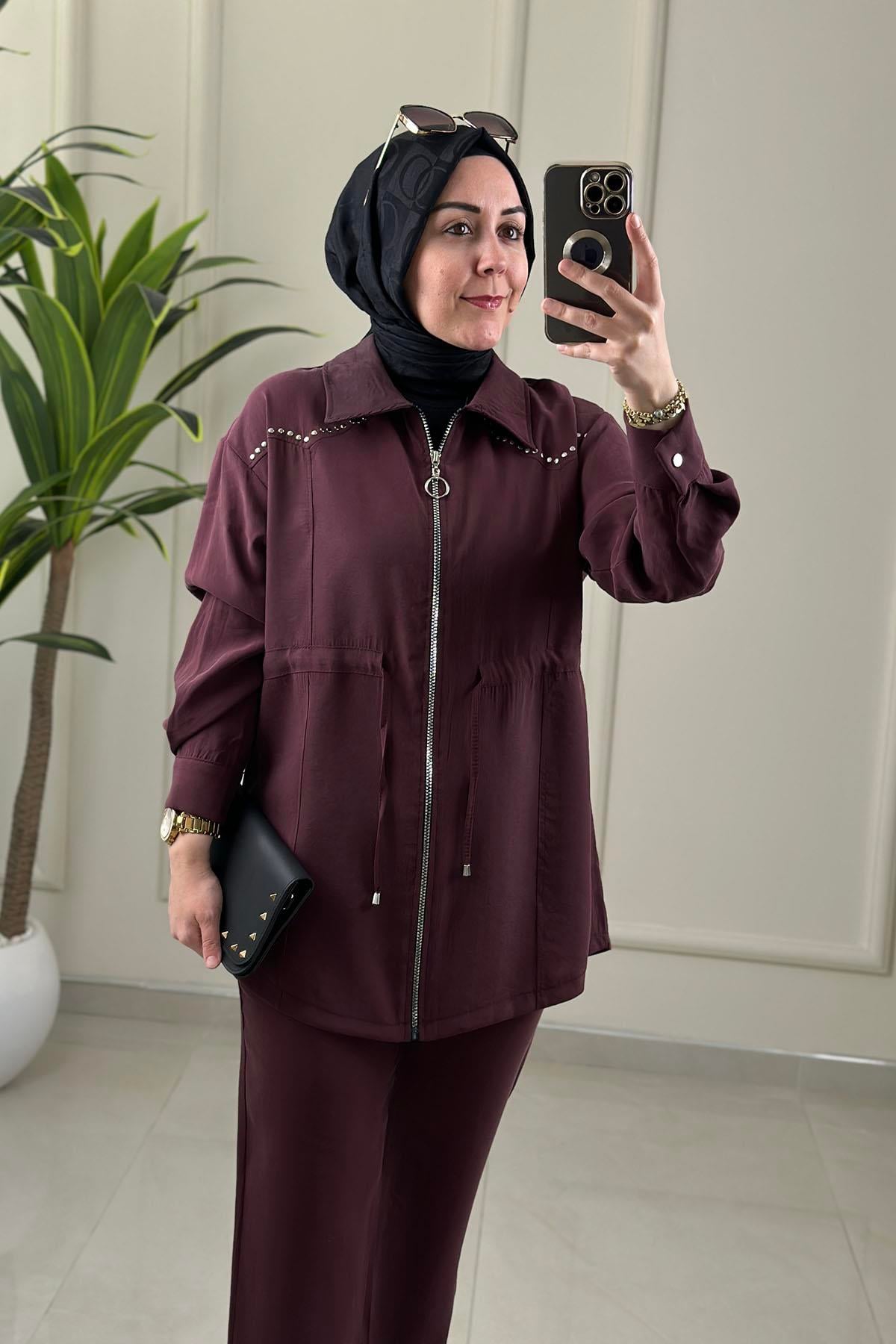 Tesettür Pantolonlu TakımÖnü Fermuarlı Beli Büzgülü Ceket ve Pantolon Kadın İkili Takım Bordo NDD 74