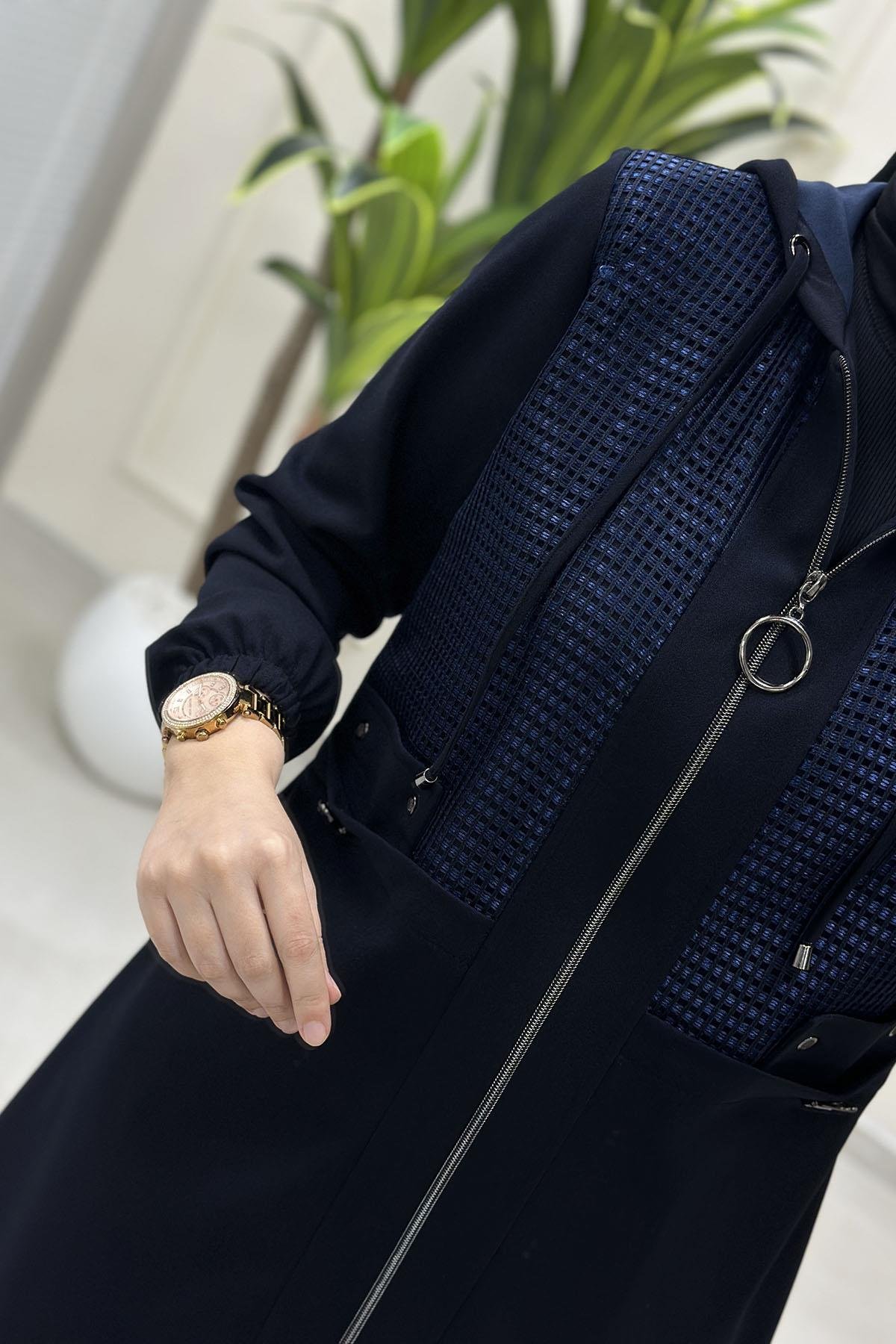 Tesettür Pantolonlu TakımÖnü Fermuarlı File Detaylı Ceket ve Pantolon Kadın İkili Takım Lacivert CNR 2238