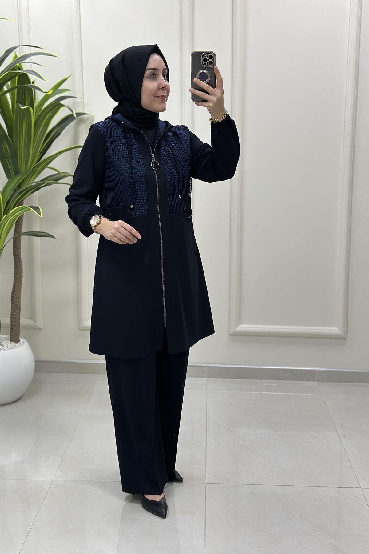 Tesettür Pantolonlu TakımÖnü Fermuarlı File Detaylı Ceket ve Pantolon Kadın İkili Takım Lacivert CNR 2238