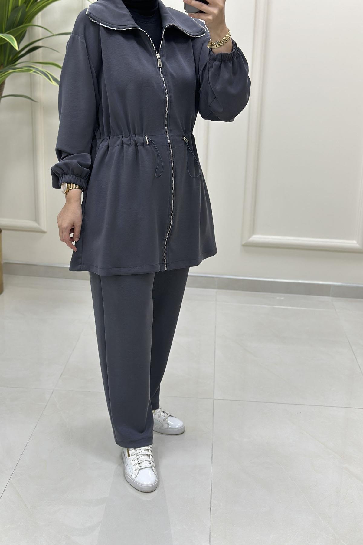 Tesettür Pantolonlu TakımÖnü Fermuarlı Beli Büzgülü Giyçık ve Pantolon Kadın İkili Takım Gri MSE 8073