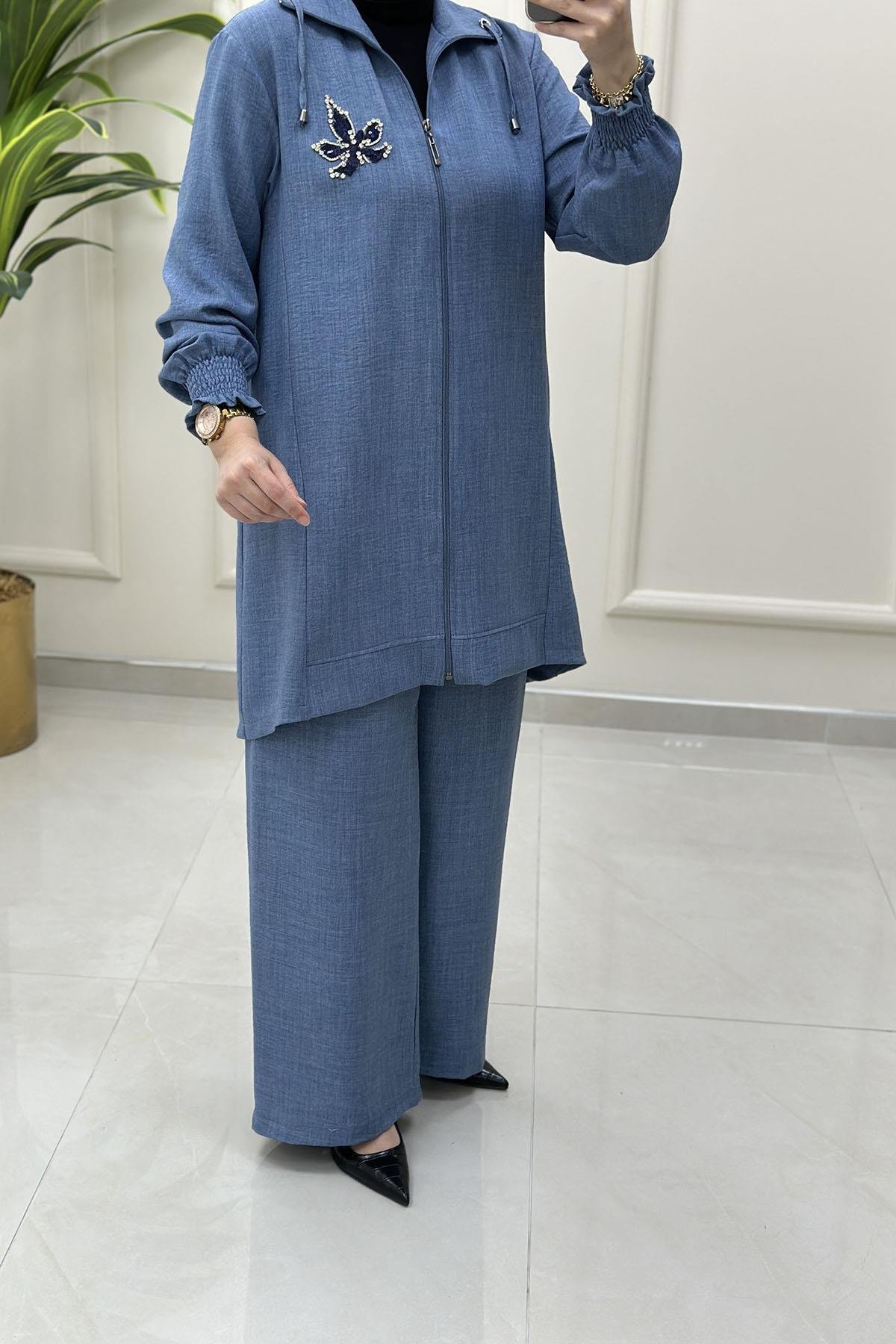 Tesettür Pantolonlu TakımÖnü Fermuarlı Kolu Büzgülü Giyçık ve Pantolon Kadın İkili Takım Mavi ESS 2140