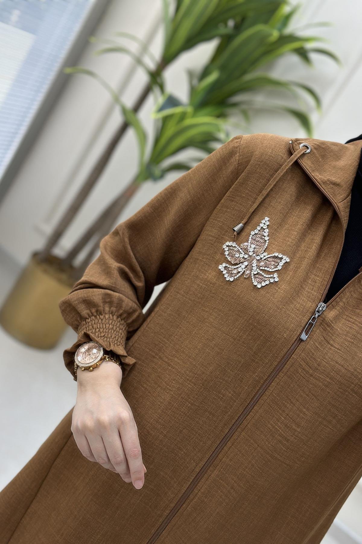 Tesettür Pantolonlu TakımÖnü Fermuarlı Kolu Büzgülü Giyçık ve Pantolon Kadın İkili Takım Taba ESS 2140