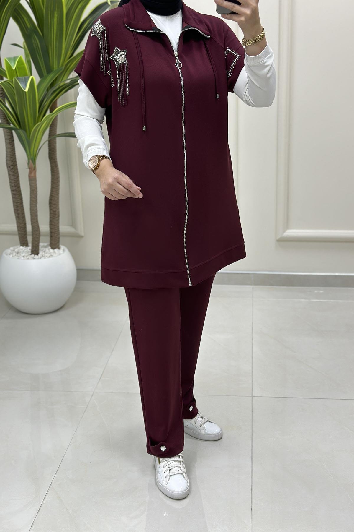 Tesettür Pantolonlu TakımÖnü Fermuarlı Yıldız Taş Detaylı Yelek ve Pantolon Kadın İkili Takım Bordo MP 203