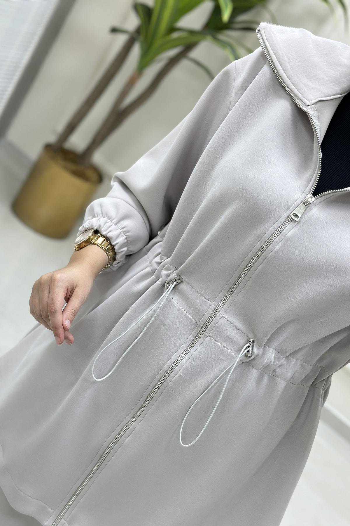 Tesettür Pantolonlu TakımÖnü Fermuarlı Beli Büzgülü Giyçık ve Pantolon Kadın İkili Takım Taş MSE 8073