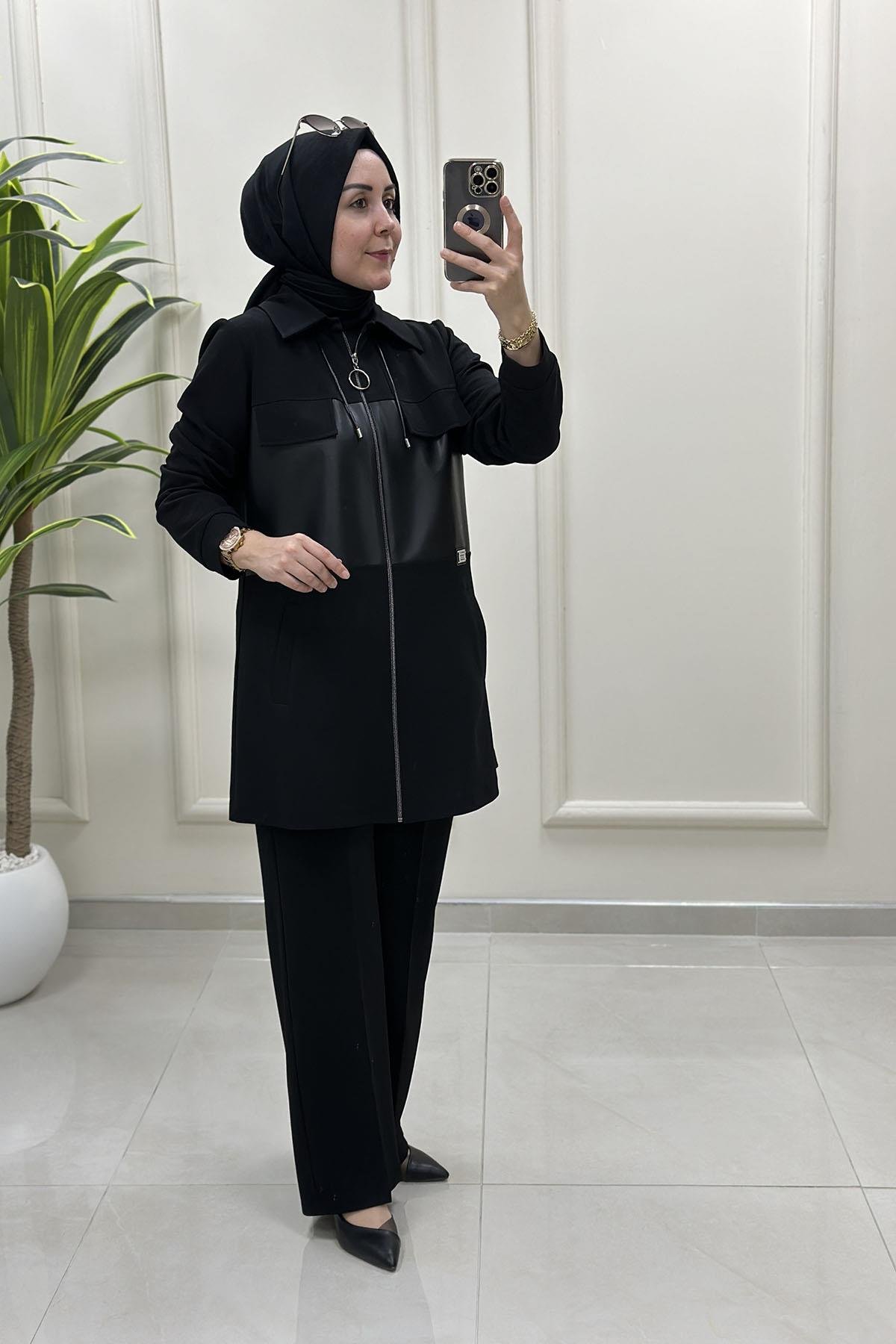 Tesettür Pantolonlu TakımÖnü Fermuarlı Deri Garnili Ceket ve Pantolon Kadın İkili Takım Siyah CNR 2241