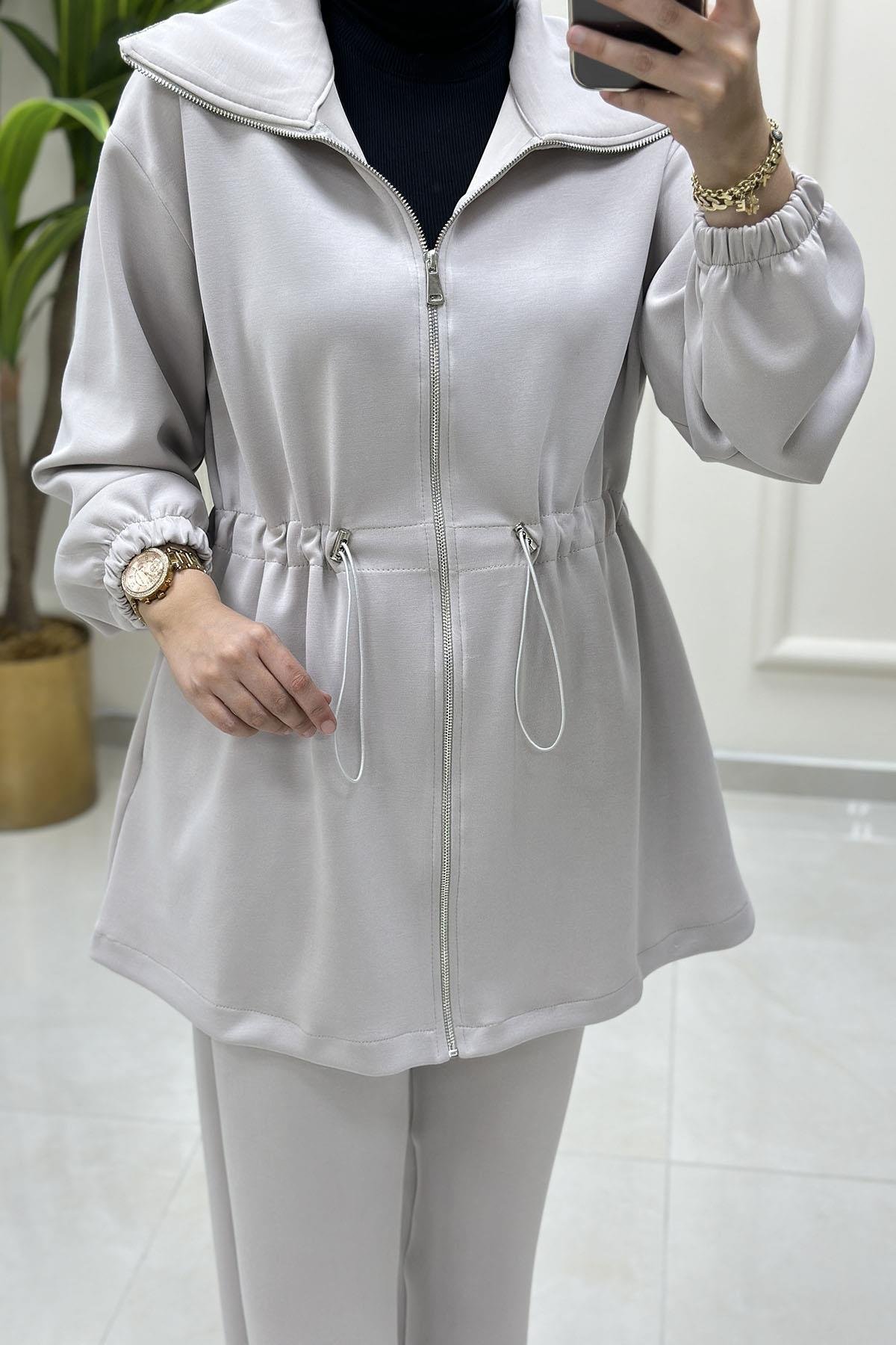 Tesettür Pantolonlu TakımÖnü Fermuarlı Beli Büzgülü Giyçık ve Pantolon Kadın İkili Takım Taş MSE 8073