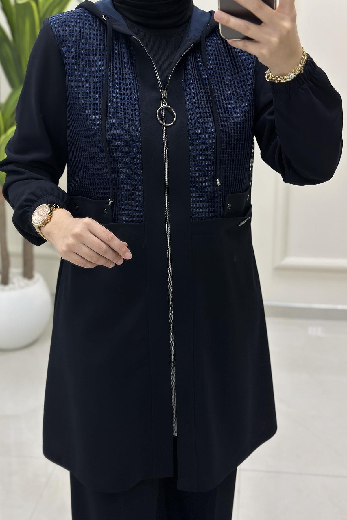 Tesettür Pantolonlu TakımÖnü Fermuarlı File Detaylı Ceket ve Pantolon Kadın İkili Takım Lacivert CNR 2238