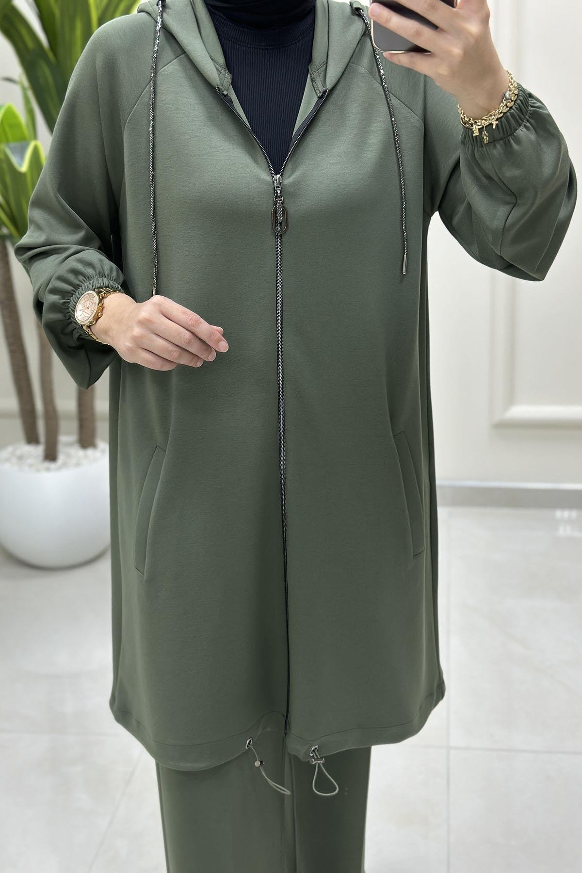 Tesettür Pantolonlu TakımÖnü Fermuarlı Giyçık ve Pantolon Kadın Modal İkili Takım Çağla Yeşili CNR 2216