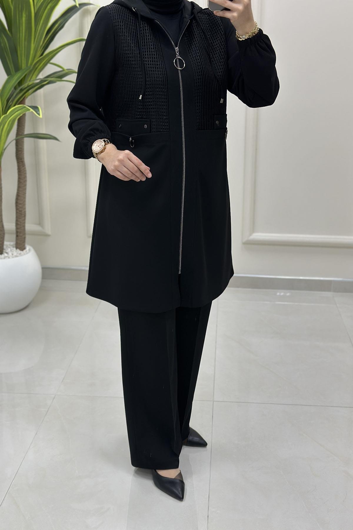Tesettür Pantolonlu TakımÖnü Fermuarlı File Detaylı Ceket ve Pantolon Kadın İkili Takım Siyah CNR 2238