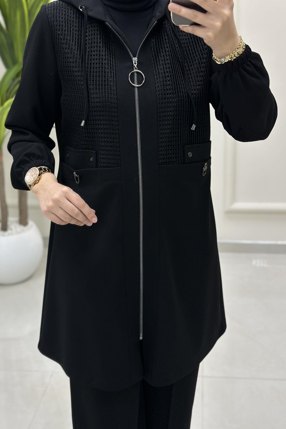 Tesettür Pantolonlu TakımÖnü Fermuarlı File Detaylı Ceket ve Pantolon Kadın İkili Takım Siyah CNR 2238