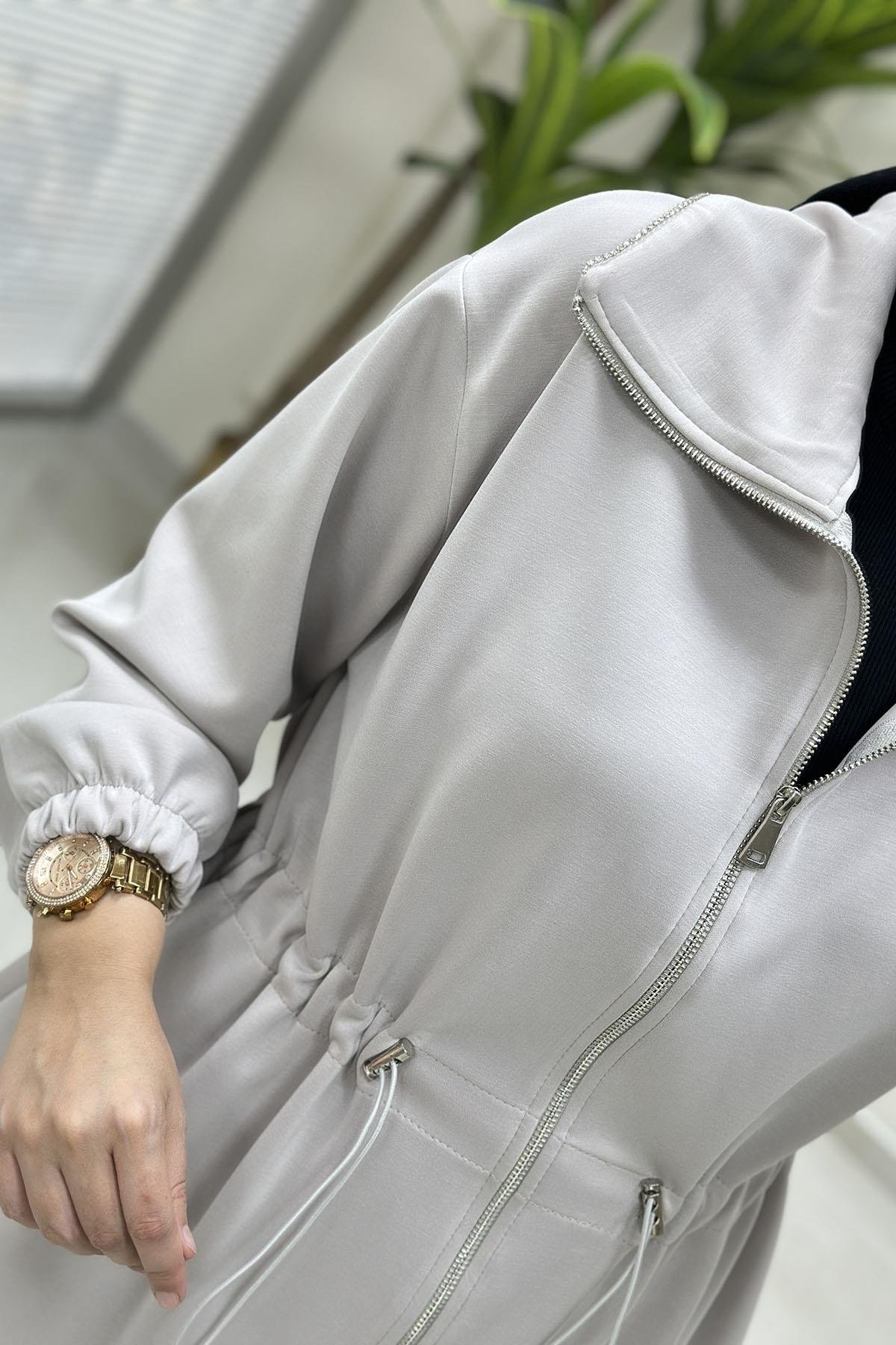 Tesettür Pantolonlu TakımÖnü Fermuarlı Beli Büzgülü Giyçık ve Pantolon Kadın İkili Takım Taş MSE 8073