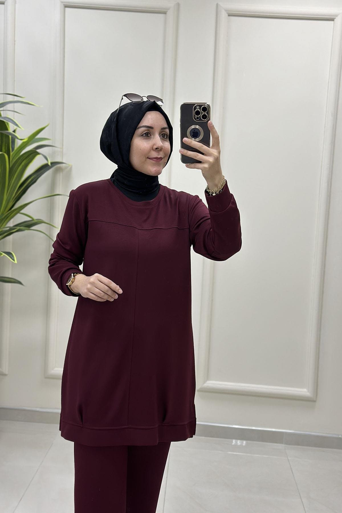 Tesettür Pantolonlu TakımÖnü Nervürlü Tunik ve Pantolon Kadın Oysho İkili Takım Bordo MP 2660