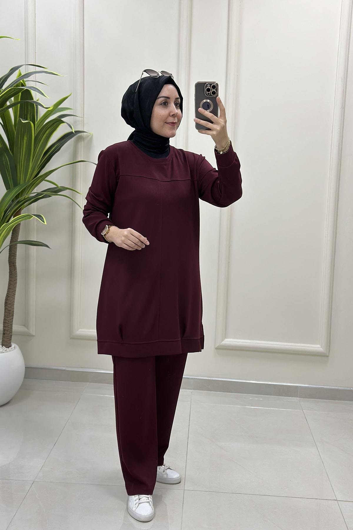 Tesettür Pantolonlu TakımÖnü Nervürlü Tunik ve Pantolon Kadın Oysho İkili Takım Bordo MP 2660