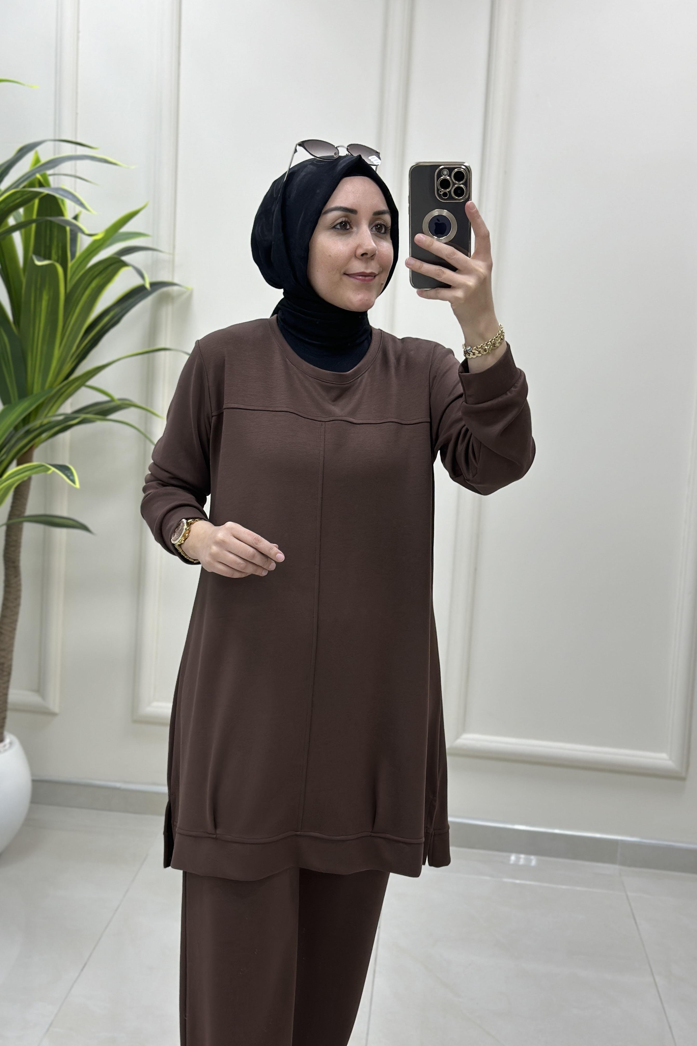 Tesettür Pantolonlu TakımÖnü Nervürlü Tunik ve Pantolon Kadın Oysho İkili Takım Kahverengi MP 2660
