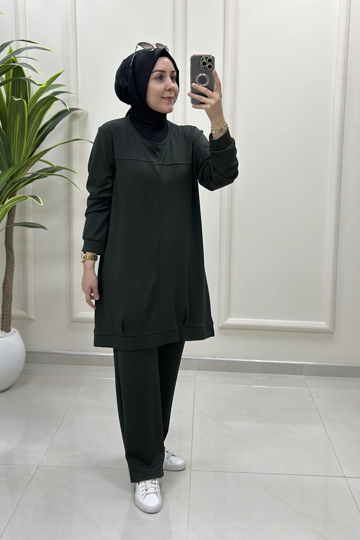 Tesettür Pantolonlu TakımÖnü Nervürlü Tunik ve Pantolon Kadın Oysho İkili Takım Haki MP 2660